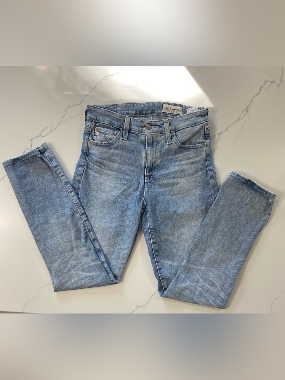 AG Mari Crop High Rise Slim Straight Jeans Sz 27 Light Wash Distressed Stretch